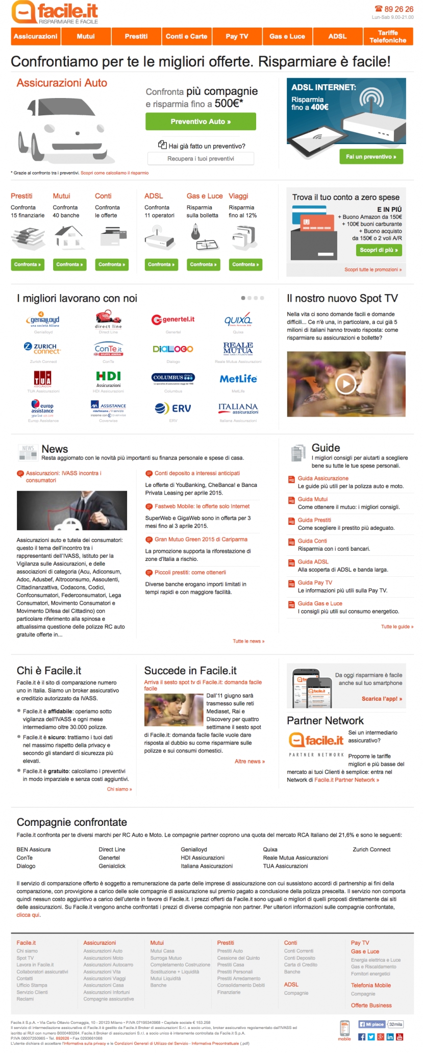 La homepage di Facile.it